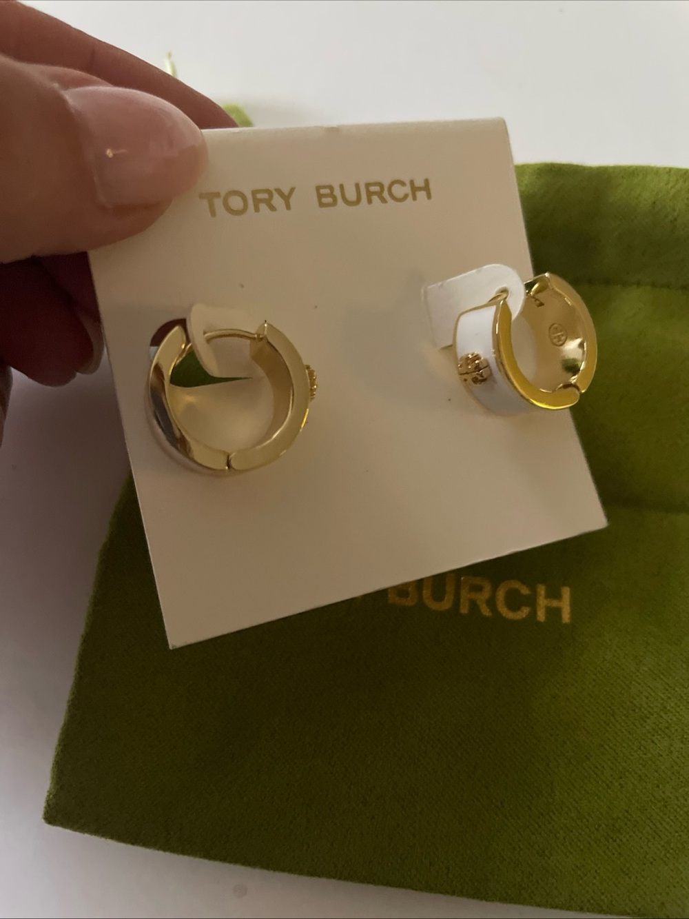 Tory Burch Gold Hoop Earrings with White Enamel Accents